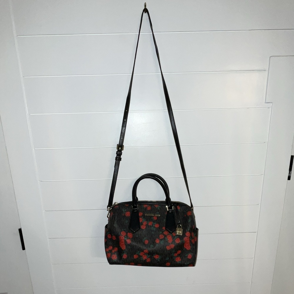 Michael Kors Hayes Black Red Rose Pebbled Leather Satchel MK